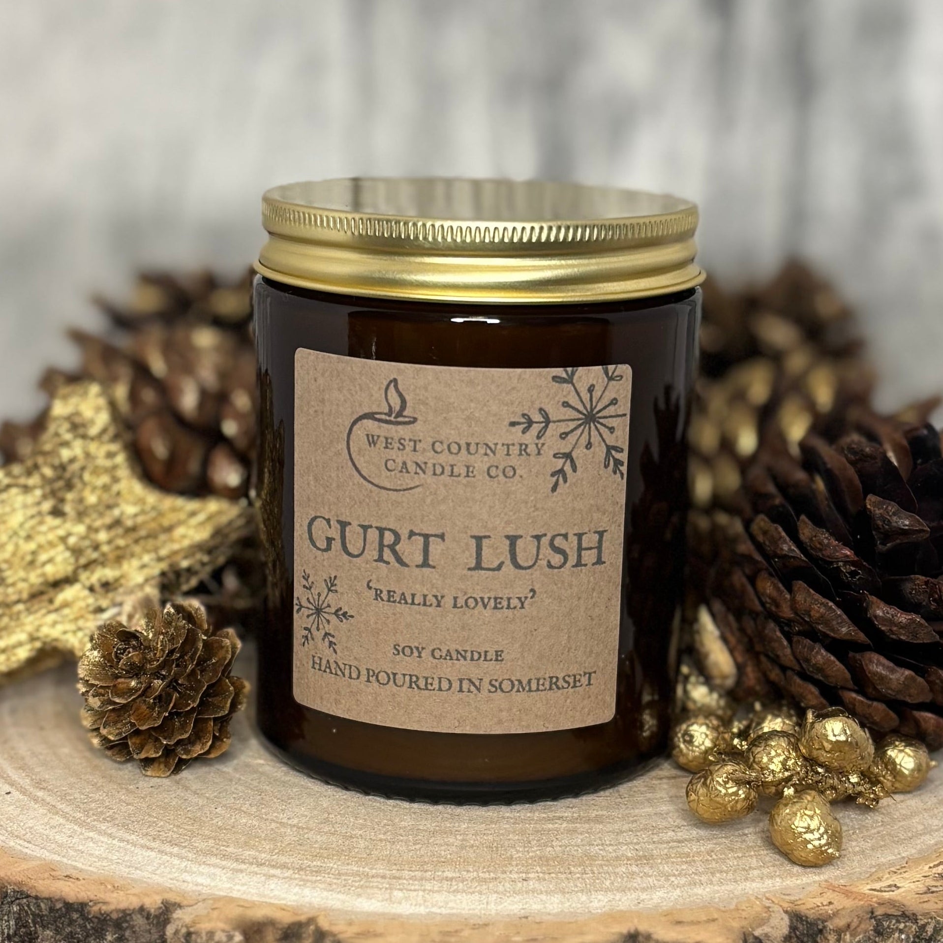 Signature Candle, amber jar with gold lid, textured kraft label